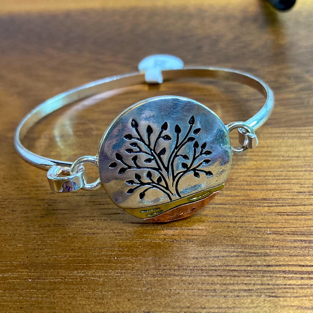 Front Latching Bangle with Tree of Life Silver-Tone